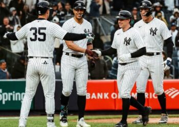 Yankees sluggers Cody Bellinger, Giancarlo Stanton, Ben Rice, and Aaron Judge in one frame.