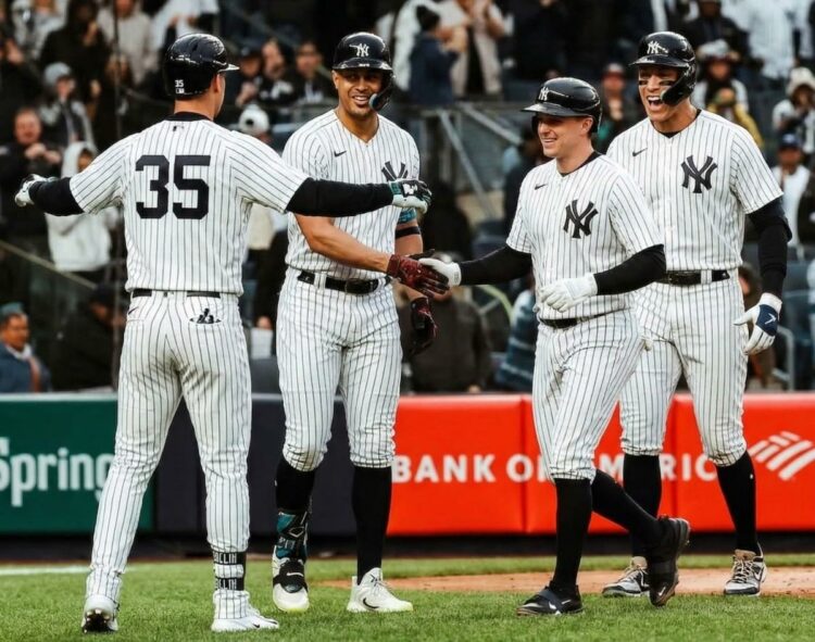Yankees sluggers Cody Bellinger, Giancarlo Stanton, Ben Rice, and Aaron Judge in one frame.