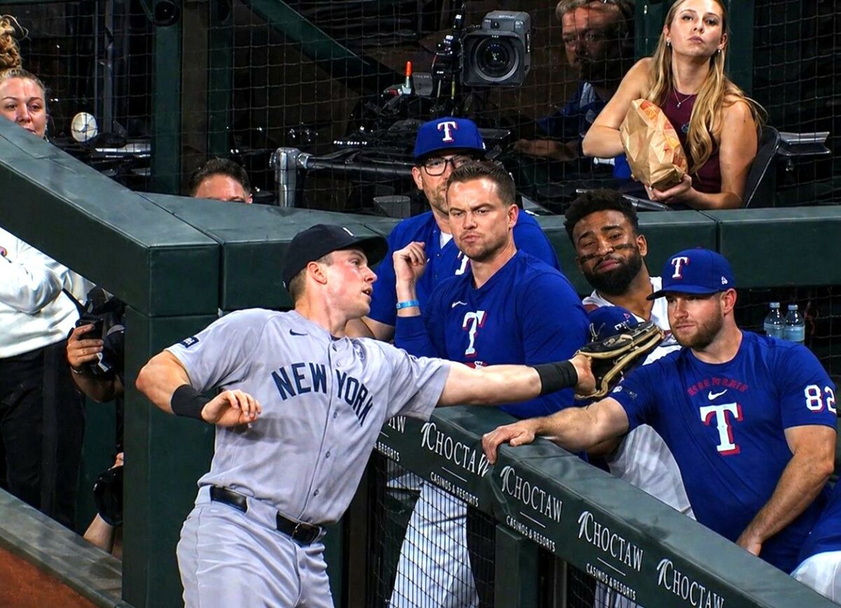 Ben Rice made a catch in foul territory and in the Rangers dugout in the 2nd inning of the Yankees' 4-2 win in Texas, Apr. 27, 2026.

