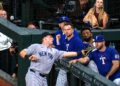 Ben Rice makes a catch in Rangers dugout in the Yankees' 4-2 win in Texas, Apr. 27, 2026.