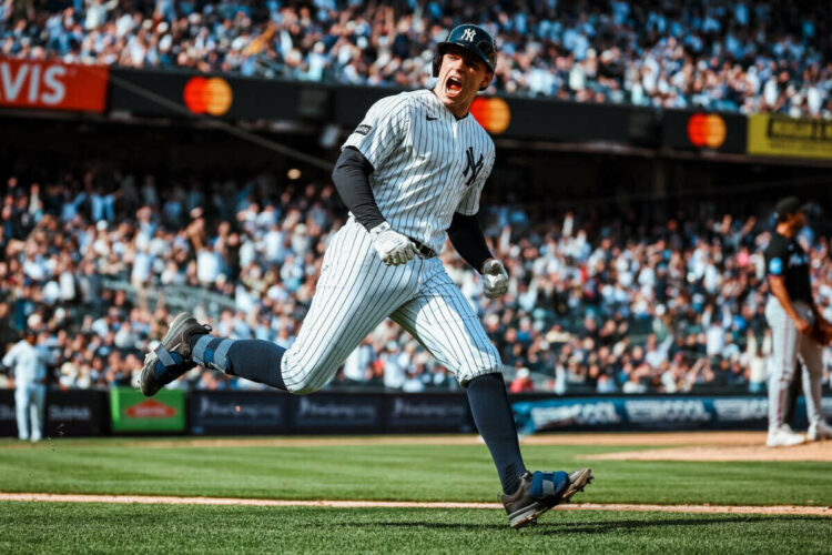 Ben Rice reacts after his homer during the Yankees win over the Marlins on April 3, 2026.