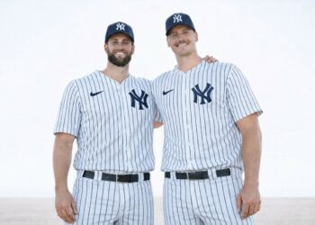 Yankees relievers Jake Bird and Brent Headrick in April 2026.