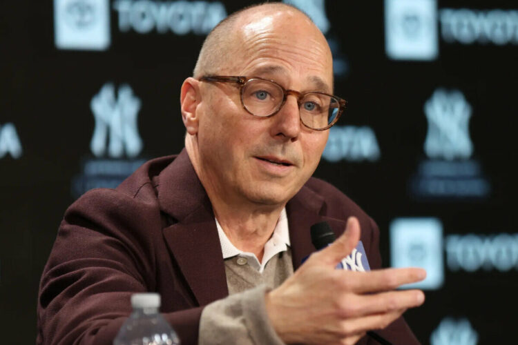 New York Yankees GM Brian Cashman speaking to the media at a press conference held at Yankee Stadium.