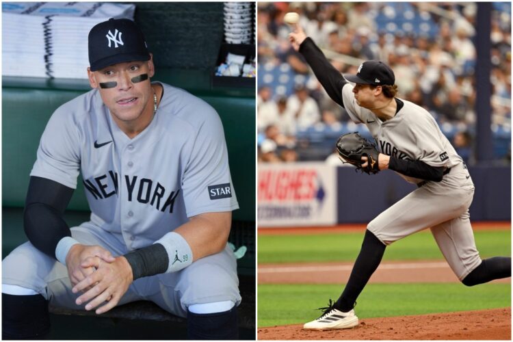 Aaron Judge and Cam Schlittler on Apr 12, 2026.