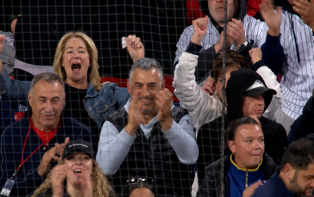 Family members cheer up Yankees' Cam Schlittler in the Yankees' 4-2 win over the Red Sox in Boston, Apr. 23, 2026.