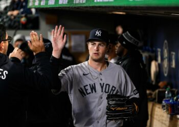 Cam Schlittler was back in the dugout after scoreless six innings in the Yankees' 3-2 nail-biter win over the Rangers in Texas on Apr. 28, 2026.