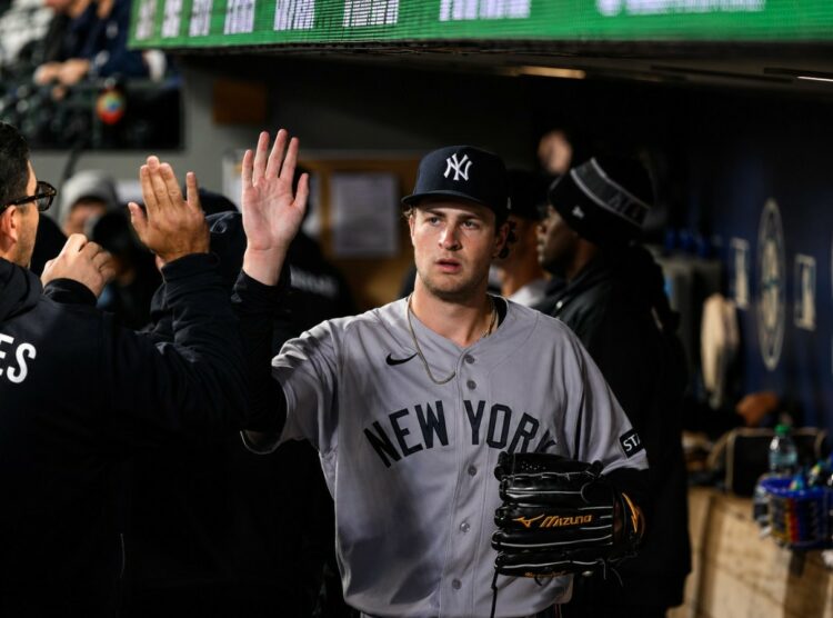 Cam Schlittler was back in the dugout after scoreless six innings in the Yankees' 3-2 nail-biter win over the Rangers in Texas on Apr. 28, 2026.