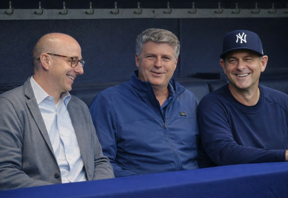 New York Yankees GM Brian Cashman, managing owner Hal Steinbrenner, and manager Aaron Boone in 2025.