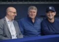 New York Yankees GM Brian Cashman, managing owner Hal Steinbrenner, and manager Aaron Boone in 2025.