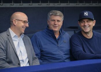 New York Yankees GM Brian Cashman, managing owner Hal Steinbrenner, and manager Aaron Boone in 2025.
