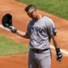 DJ LeMahieu of the New York Yankees reacts after he strikes out looking.