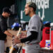 New York Yankees starting pitcher Elmer Rodriguez stands in the dugout after being pulled in the fifth inning of a baseball game against the Texas Rangers Wednesday, April 29, 2026, in Arlington, Texas.