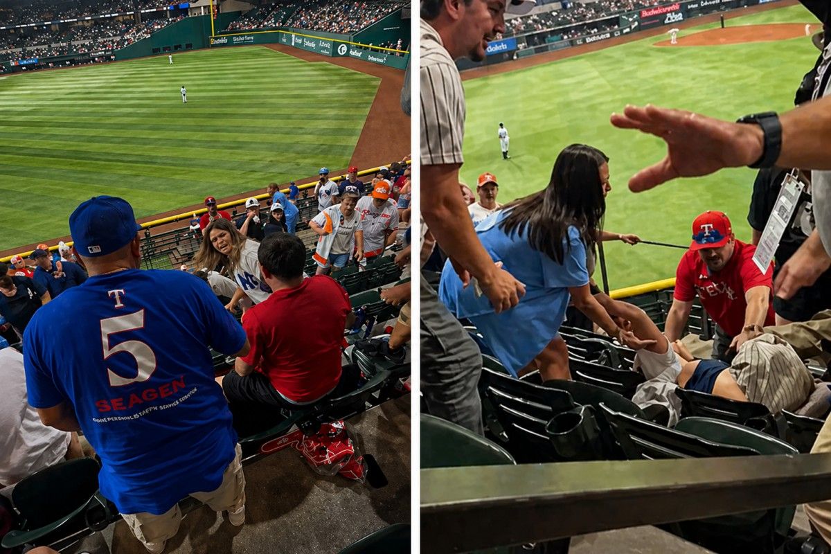 Rangers fans shoved a female Yankees fan down the stairs at Globe Life Field, Apr. 27, 2026.