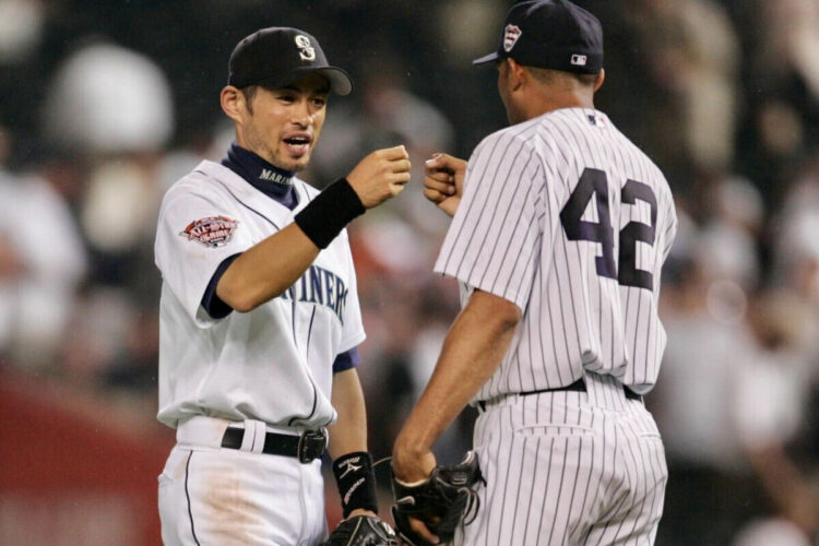 Mariners legend Ichiro Suzuki is with Yankees icon Mariano Rivera in New York, 2009.