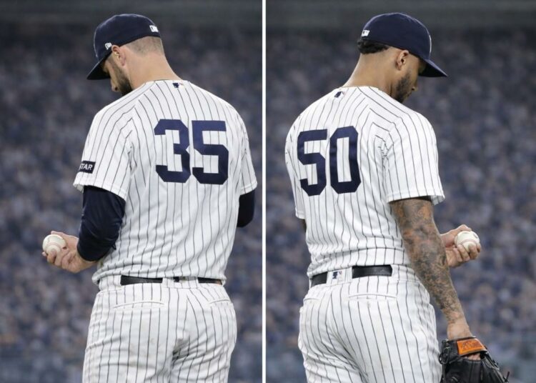 Yankees relievers Jake Bird and Camilo Doval in April 2026.