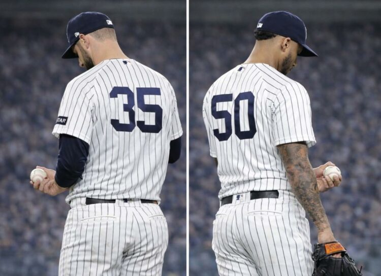 Yankees relievers Jake Bird and Camilo Doval in April 2026.