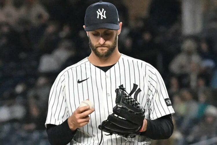 Jake Bird (59) reacts after giving Miami Marlins third baseman Graham Pauley (21) a two-run RBI double during the 8th inning of the Yankees and Miami Marlins game at Yankee Stadium.