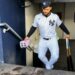 Yankees' Jasson Dominguez is making acomic walkthrough as he clim stairs at Yankee Stadium, 2025.