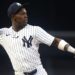 New York Yankees' Jazz Chisholm Jr. throws the ball before the start of MLB baseball game against the Boston Red Sox, Sunday, June 8, 2025, in New York.