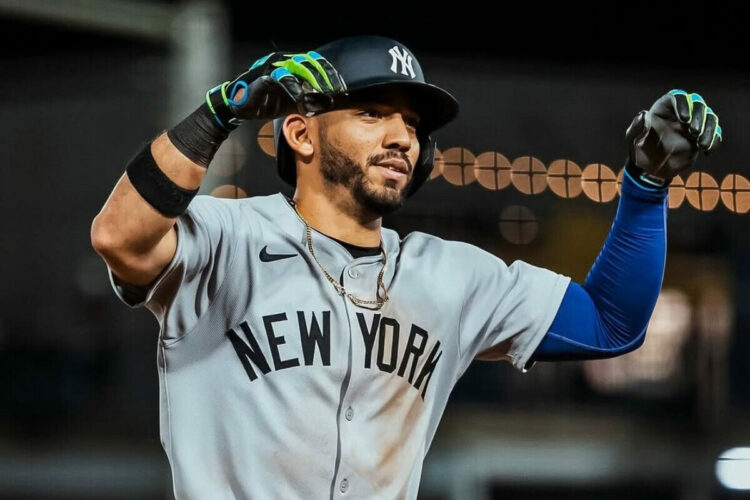 Yankees' Jose caballero celebrates after a base steal in a game against the Rays in Tampa. Apr 10. 2026.