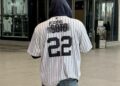 A Yankees fan wears a no. 22 jersey that previously belonged to Juan Soto but now allotted to Ben Rice. New York. Apr 5, 2026.