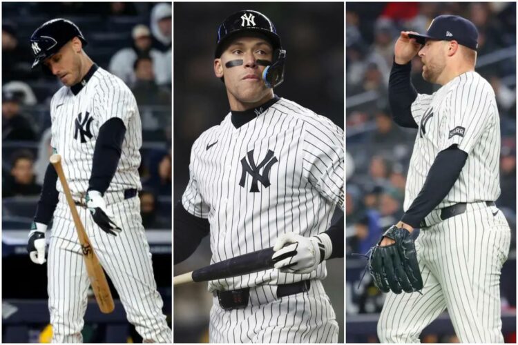 Cody Bellinger, Aaron Judge, and David Bednar during the Yankees' 3-2 loss to the Athletics in New York, Apr 8, 2026.