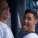 Aaron Judge and Cody Bellinger enjoy a lighter moment at dugout in the Yankees' 7-0 win over the Royals in New York, Apr. 19, 2026.