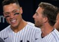 Aaron Judge is with Ryan McMahon the Yankees' 4-2 win over the Royals, New York, Apr. 18, 2026.