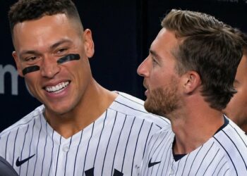 Aaron Judge is with Ryan McMahon the Yankees' 4-2 win over the Royals, New York, Apr. 18, 2026.