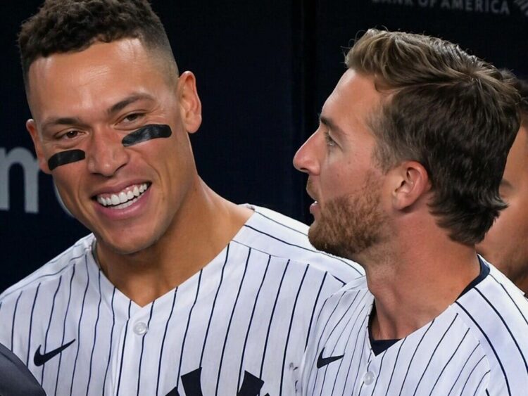 Aaron Judge is with Ryan McMahon the Yankees' 4-2 win over the Royals, New York, Apr. 17, 2026.
