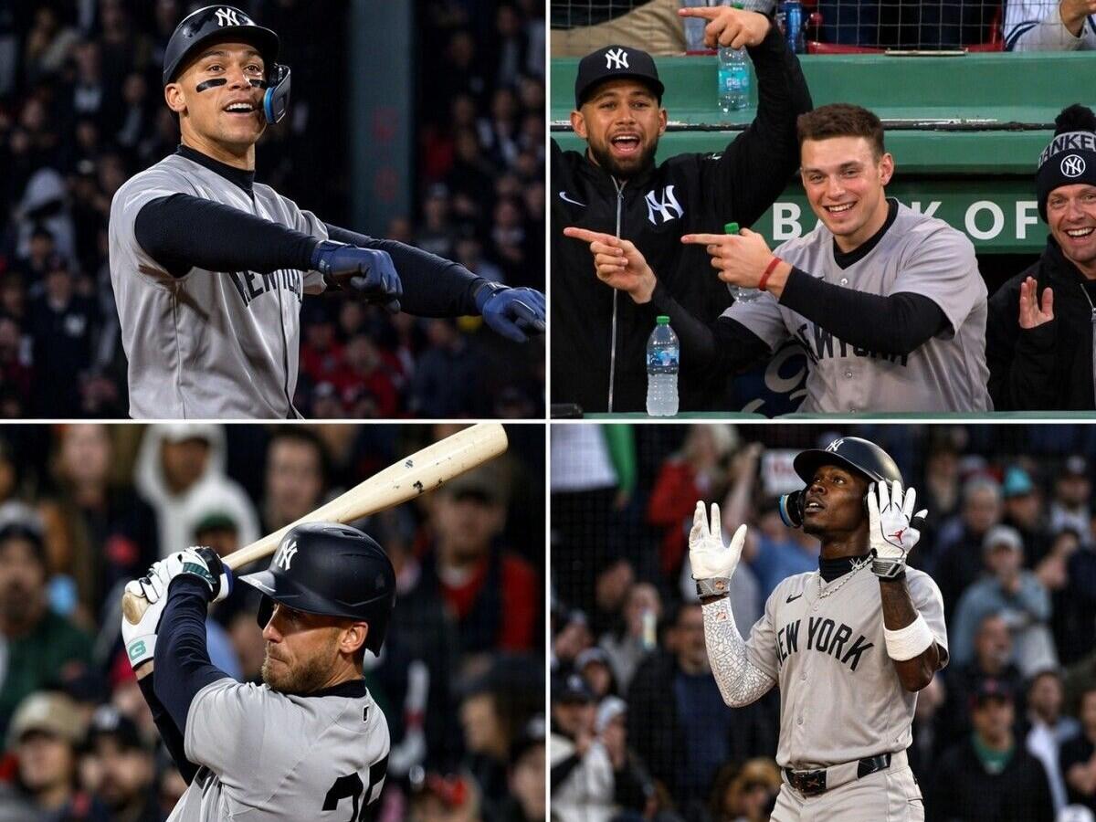 Aaron Judge and Ben Rice celebrated while Chisholm hit a homer and Bellinger added two 2 RBIs in the Yankees' 4-2 win over the Red Sox in Boston, Apr. 23, 2026.