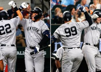 Aaron Judge hits his HR no. 11 and Ben Rice hits HR no. 10 in the Yankees' 4-2 wn over the Rangers, Texas, Apr 27. 2026.