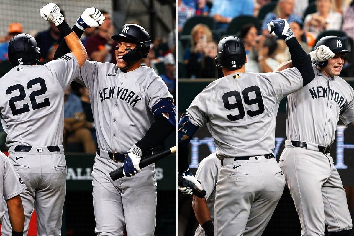 Aaron Judge hits his HR no. 11 and Ben Rice hits HR no. 10 in the Yankees' 4-2 wn over the Rangers, Texas, Apr 27. 2026.