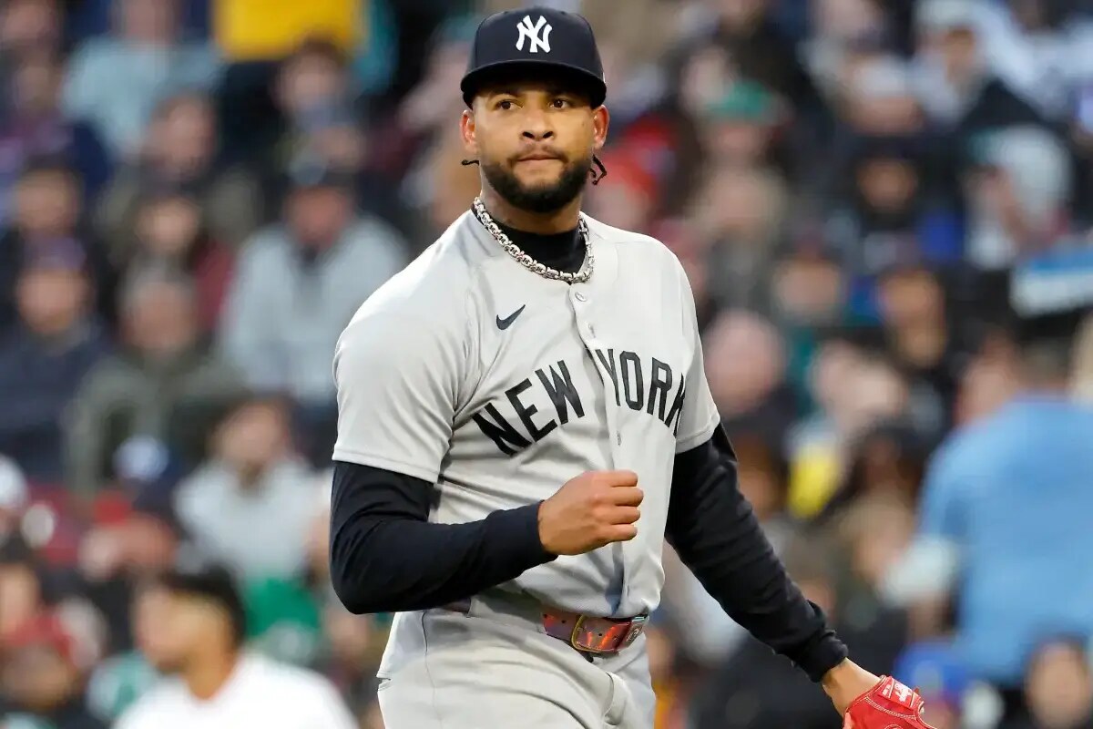Luis Gil celebrates after getting out of the second inning in the Yankees’ road win over the Red Sox.