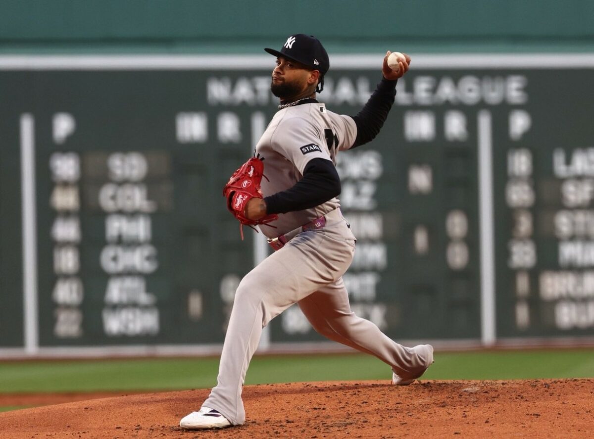Luis Gil pitches during his scoreless six innings in the Yankees' 4-0 win over the Red Sox in Boston, Apr. 21, 2026.