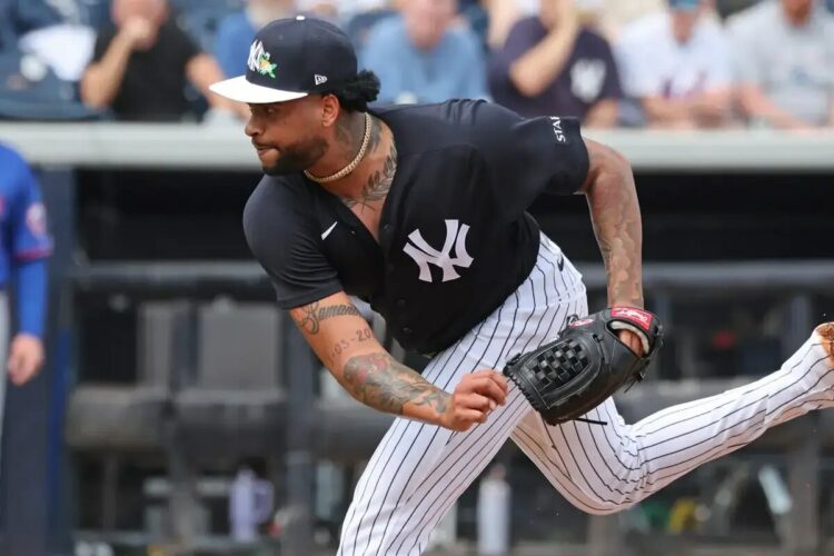 Yankees pitcher Luis Gil pitching during a 2026 spring training game.