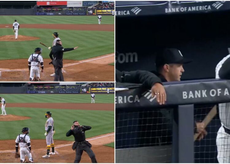 Pitching coach Matt Blake was ejected during the Yankees' 3-2 loss to the Athletics in New York, Apr 8, 2026.