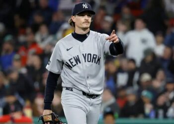Max Fried, who threw eight scoreless innings, reacts after getting Andruw Monasterio to ground out to end the sixth inning on April 22, 2026 at Fenway Park.