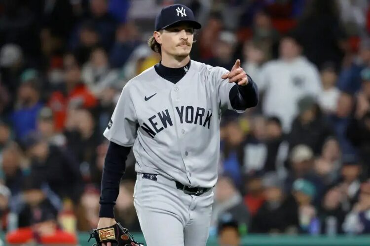 Max Fried, who threw eight scoreless innings, reacts after getting Andruw Monasterio to ground out to end the sixth inning on April 22, 2026 at Fenway Park.