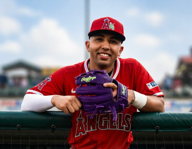 Oswald Peraza had a 3 for 3 night in the Angels 7-1 win over his former team the Yankees in New York, Apr. 14, 2026.