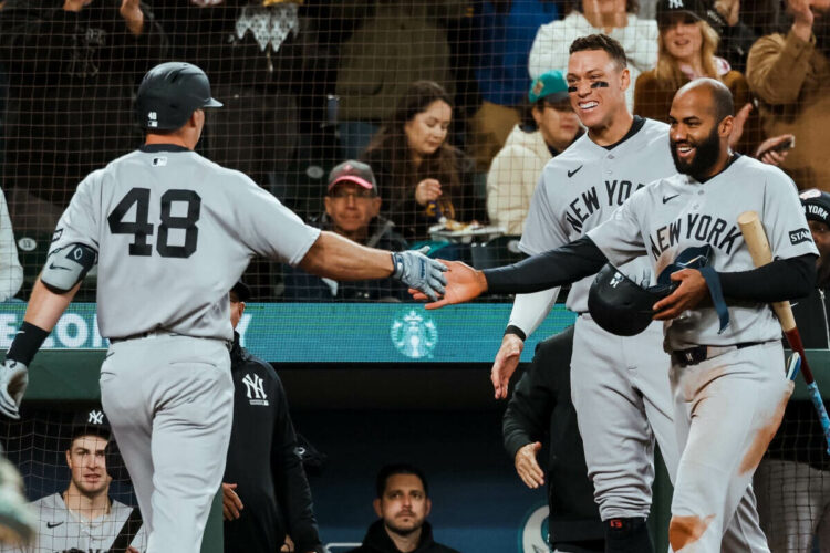 Aaron Judge and Paul Goldschmidt celebrate after Paul's home run in the 5-3 win over the Mariners in Seattle, Apr 1, 2026.