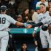Aaron Judge and Paul Goldschmidt celebrate after Paul's home run in the 5-3 win over the Mariners in Seattle, Apr 1, 2026.