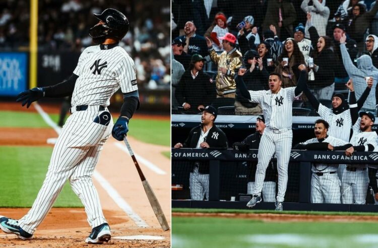Yankees' dugout reacts after Amed Rosario hit a three-run homer in the eight inning that led to 5-3 win over the Athletics, New York, Apr 7, 2026.