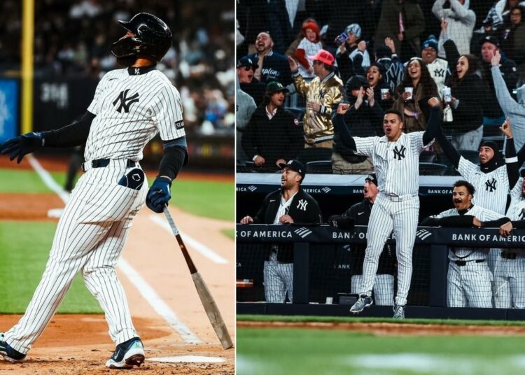 Yankees' dugout reacts after Amed Rosario hit a three-run homer in the eight inning that led to 5-3 win over the Athletics, New York, Apr 7, 2026.