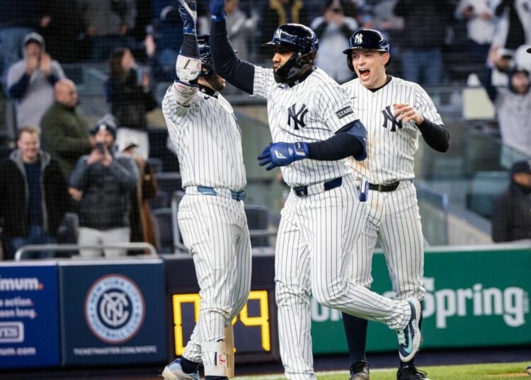 Yankees' Amed Rosario celebrates following his home run in the eight inning that led to 5-3 win over the Athletics, New York, Apr 7, 2026.