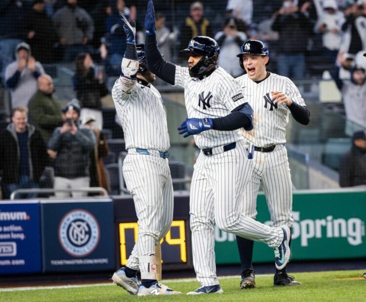 Yankees' Amed Rosario celebrates following his home run in the eight inning that led to 5-3 win over the Athletics, New York, Apt=r 7, 2026.
