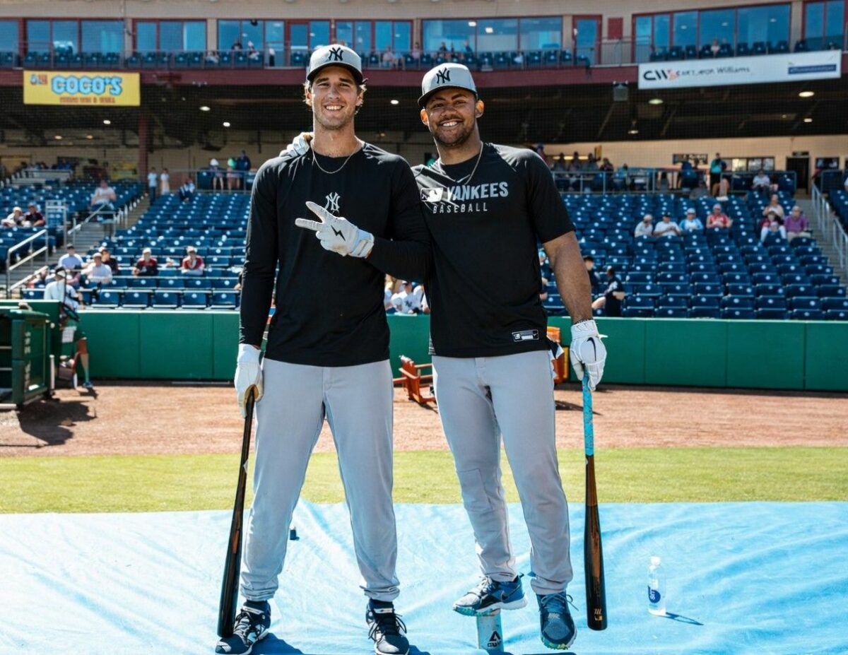 Spencer Jones and Jasson Dominguez are at the Yankees' spring training camp, Tampa, 2026.