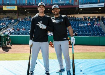 Spencer Jones and Jasson Dominguez are at the Yankees' spring training camp, Tampa, 2026.