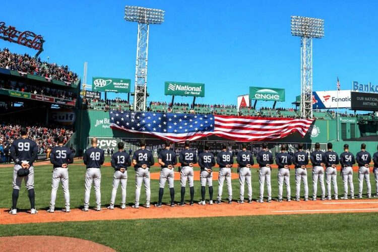 Here is an illustration of the Yankees team at Fenway Park in the proposed new blue jersey. The team made a new on-road jersey addition after 120 years.
