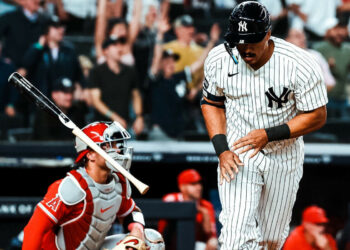 Yankees' Trent Grisham runs after his second home run in the ninth in 11-10 win over the Angels in New York, Apr. 13, 2026.